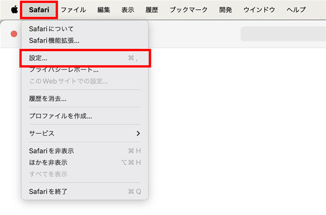 Safariで左上の設定をクリックした時の画面